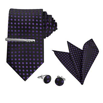 Men's Polka Dots Necktie, Tie Clip, Cuff Links, Pocket Square Set Business Wedding
