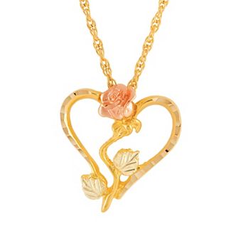 Black Hills Gold Tri-Tone Heart and Rose Pendant Necklace