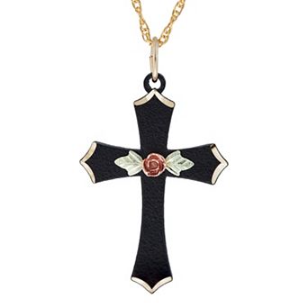 Black Hills Gold Tri-Tone Black Powder Coat Cross Pendant Necklace