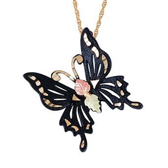 Black Hills Gold Tri-Tone Black Powder Coat Butterfly Pendant Necklace