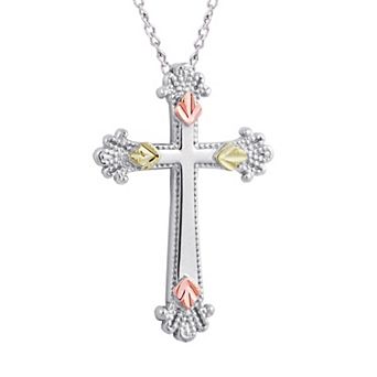 Black Hills Gold Tri-Tone Cross Pendant Necklace in Sterling Silver
