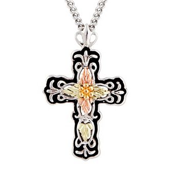 Black Hills Gold Tri-Tone Antiqued Cross Pendant Necklace in Sterling Silver