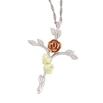 Black Hills Gold Tri-Tone Cross Pendant Necklace in Sterling Silver