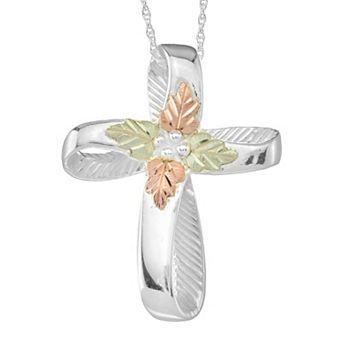 Black Hills Gold Tri-Tone Cross Pendant Necklace in Sterling Silver