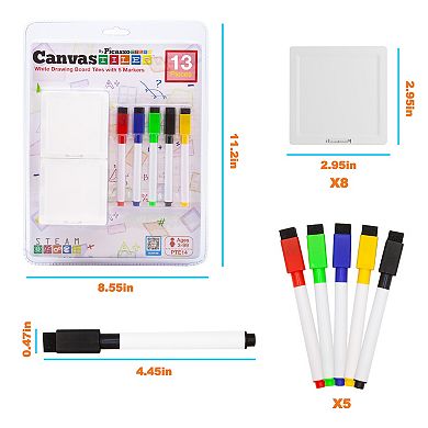 PicassoTiles Canvas Tiles 13 Piece Whiteboard with 8 Magnetic Building Tiles & 5 Marker Pens