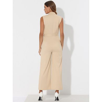 Women's Sleeveless Button Front Closure With Belt Wide Leg Pockets Long Jumpsuits