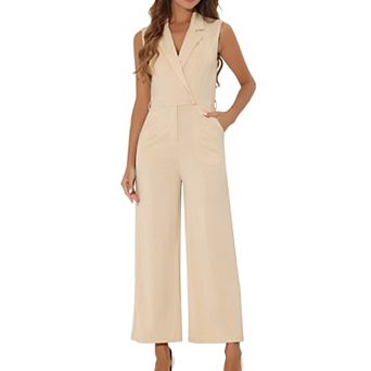 Women's Sleeveless Button Front Closure With Belt Wide Leg Pockets Long Jumpsuits