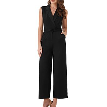 Women's Sleeveless Button Front Closure With Belt Wide Leg Pockets Long Jumpsuits