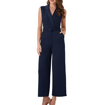 Women's Sleeveless Button Front Closure With Belt Wide Leg Pockets Long Jumpsuits
