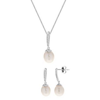 PearLustre by Imperial Sterling Silver Freshwater Cultured Pearl & White Topaz Pendant Necklace & Drop Earrings Set