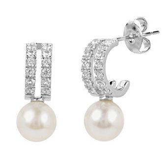 PearLustre by Imperial Sterling Silver Freshwater Cultured Pearl & Lab-Created White Sapphire Hoop Earrings