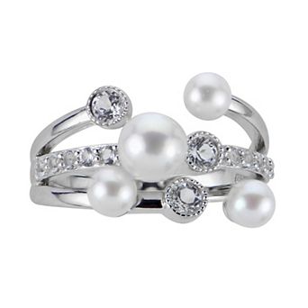 PearLustre by Imperial Sterling Silver Freshwater Cultured Pearl & White Topaz Crossover Ring