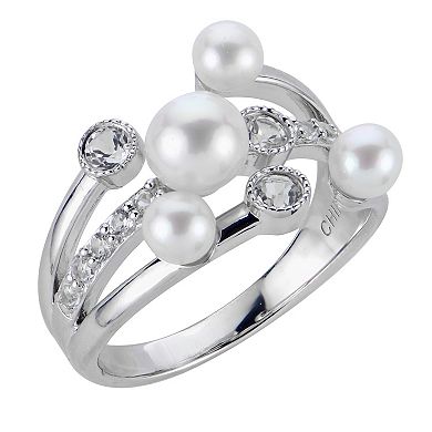 PearLustre by Imperial Sterling Silver Freshwater Cultured Pearl & White Topaz Crossover Ring