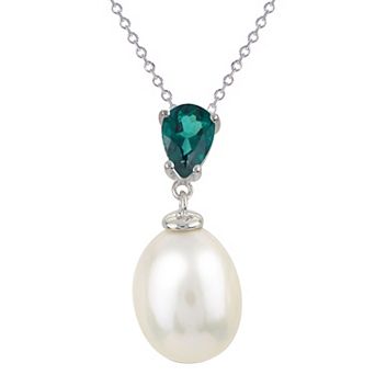 PearLustre by Imperial Sterling Silver Freshwater Cultured Pearl & Lab-Created Emerald Pendant Necklace
