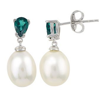 PearLustre by Imperial Sterling Silver Freshwater Cultured Pearl & Lab-Created Emerald Drop Earrings
