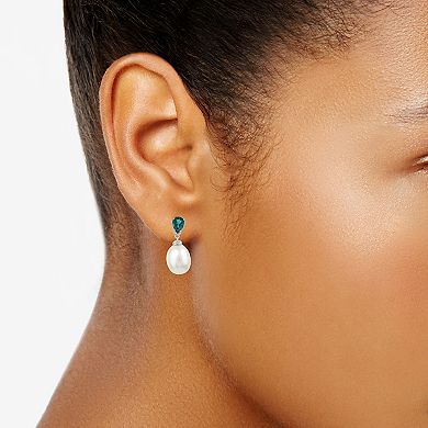 PearLustre by Imperial Sterling Silver Freshwater Cultured Pearl & Lab Created Emerald Drop Earrings