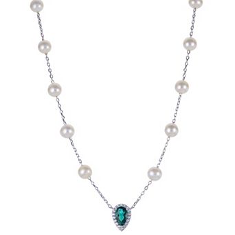 PearLustre by Imperial Sterling Silver Freshwater Cultured Pearl White Topaz & Lab-Created Emerald Station Necklace