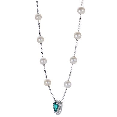 PearLustre by Imperial Sterling Silver Freshwater Cultured Pearl White Topaz & Lab Created Emerald Station Necklace