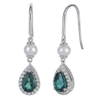 PearLustre by Imperial Sterling Silver Freshwater Cultured Pearl White Topaz & Lab-Created Emerald Drop Earrings