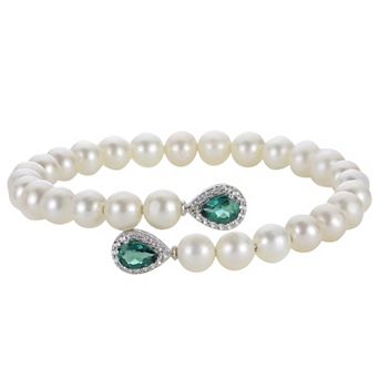 PearLustre by Imperial Sterling Silver Freshwater Cultured Pearl White Topaz & Lab-Created Emerald Cuff Bracelet