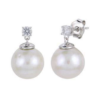 PearLustre by Imperial Sterling Silver Freshwater Cultured Pearl and Lab-Created White Sapphire Drop Earrings