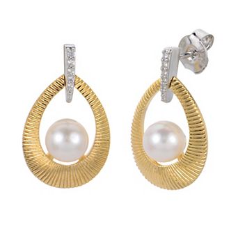 PearLustre by Imperial 14k Gold Over Silver Two Tone Cultured Pearl & Lab-Created White Sapphire Door Knocker Earrings