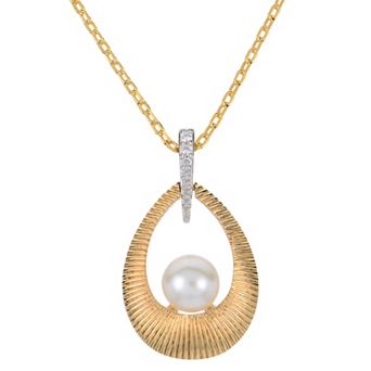 PearLustre by Imperial 14k Gold Over Silver Two Tone Freshwater Cultured Pearl & Lab-Created White Sapphire Door Knocker Pendant Necklace