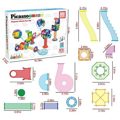 PicassoTiles 60 Piece STEM Toy, Marble Run, Magnet Tile Building Blocks for Kids Age 3 & Up, PTG60