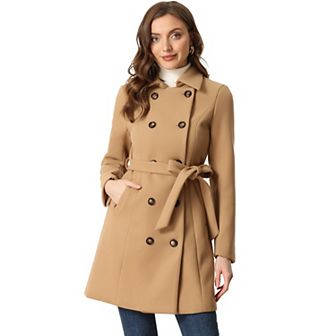 Winter Coat for Women's Peter Pan Collar Double Breasted Slant Pocket Button Down Belted Pea Coats