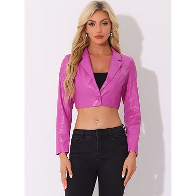 Faux Leather Cropped Blazer For Women's Notched Lapel Collar Single Breasted Moto Pu Jackets