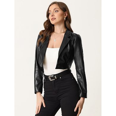 Faux Leather Cropped Blazer For Women's Notched Lapel Collar Single Breasted Moto Pu Jackets