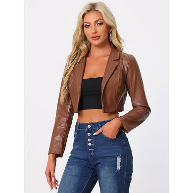 Faux Leather Cropped Blazer For Women's Notched Lapel Collar Single Breasted Moto Pu Jackets