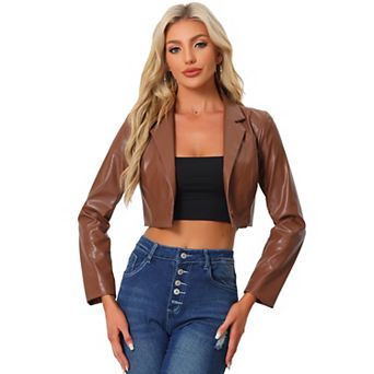 Faux Leather Cropped Blazer For Women's Notched Lapel Collar Single Breasted Moto Pu Jackets