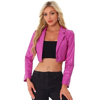 Faux Leather Cropped Blazer For Women's Notched Lapel Collar Single Breasted Moto Pu Jackets
