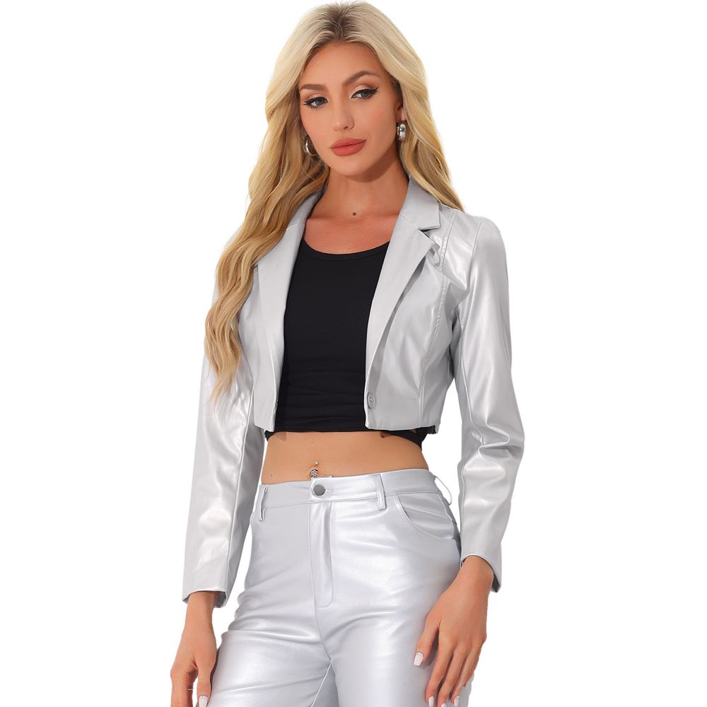 Faux Leather Cropped Blazer For Women's Notched Lapel Collar