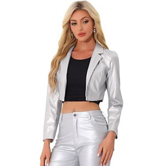 Faux Leather Cropped Blazer For Women's Notched Lapel Collar Single Breasted Moto Pu Jackets