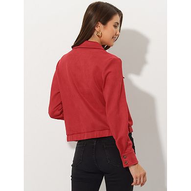 Women's Faux Suede Point Collar Button Down Cropped Motorcycle Jacket