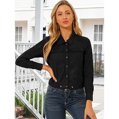 Women's Faux Suede Point Collar Button Down Cropped Motorcycle Jacket