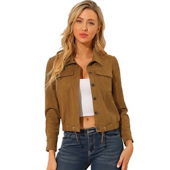 Women's Faux Suede Point Collar Button Down Cropped Motorcycle Jacket