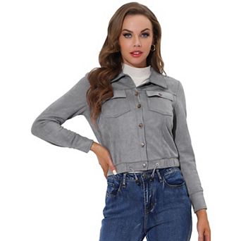 Women's Faux Suede Point Collar Button Down Cropped Motorcycle Jacket