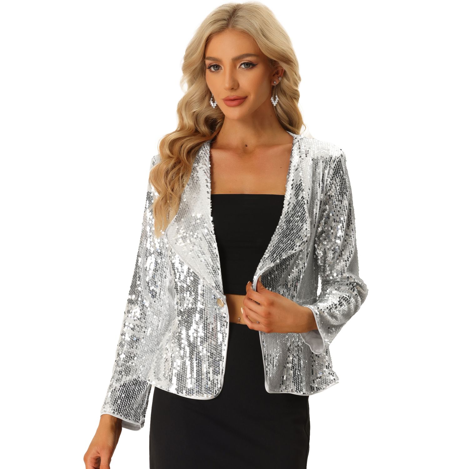 Allegra K Women's Holographic Fashion Stand Collar Metallic Lightweight Zip  Bomber Jacket Silver X-Large