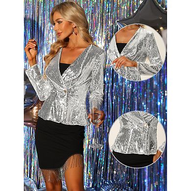 Sequin Sparkle Jacket For Women's 1 Button Long Sleeve Party Jackets