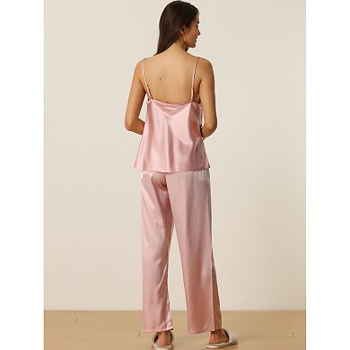 Womens Satin Sleepwear Cowl Neck Cami Top with Long Pant PJ Loungewear Silky Pajama Set