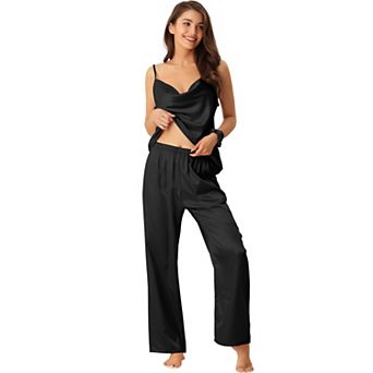Womens Satin Sleepwear Cowl Neck Cami Top with Long Pant PJ Loungewear Silky Pajama Set
