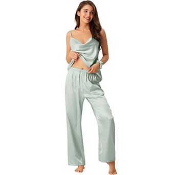 Womens Satin Sleepwear Cowl Neck Cami Top with Long Pant PJ Loungewear Silky Pajama Set