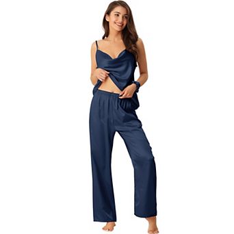 Womens Satin Sleepwear Cowl Neck Cami Top with Long Pant PJ Loungewear Silky Pajama Set
