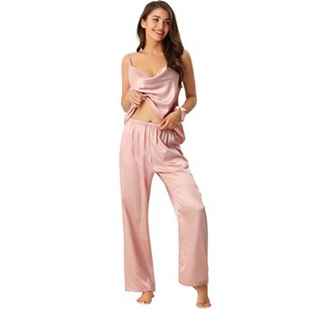 Womens Satin Sleepwear Cowl Neck Cami Top with Long Pant PJ Loungewear Silky Pajama Set