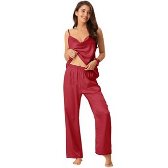 Women's Satin Sleepwear Cowl Neck Cami Top with Long Pant PJ Loungewear Silky Pajama Set