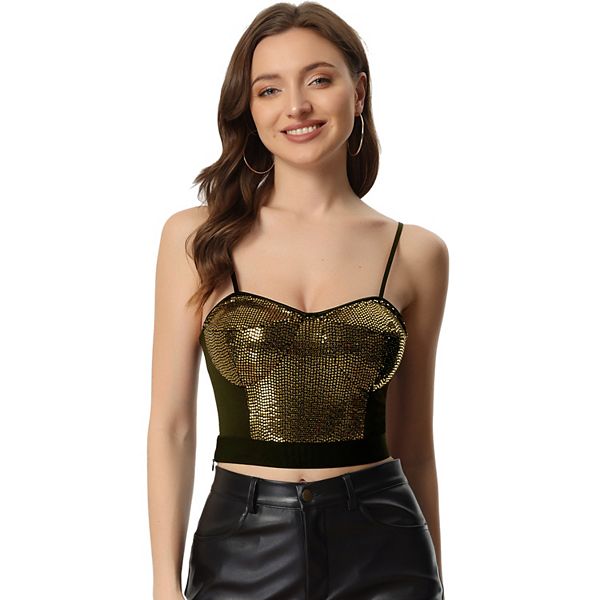 Sequined Crop Top for Women s Spaghetti Strap Deep V Party Tube Top