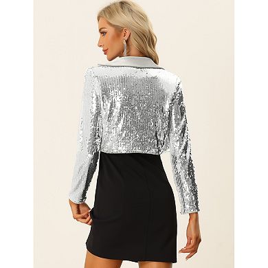 Open Front Blazer for Women's Notched Lapel Long Sleeve Sparkly Sequin ...